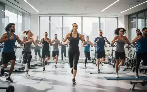 Eine Gruppe von Menschen bei einer geführten Trainingseinheit in einem modernen Büro-Fitnessraum zur Gesundheitsförderung. - Foto: über boerse-global.de