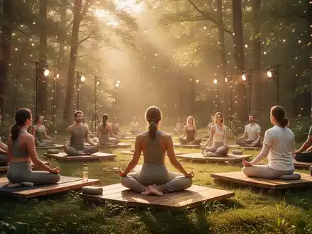 Menschen bei einer Achtsamkeitspraxis und Meditation auf einer Waldlichtung während eines Sommerfestivals. - Foto: über boerse-global.de