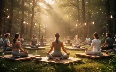 Menschen bei einer Achtsamkeitspraxis und Meditation auf einer Waldlichtung während eines Sommerfestivals. - Foto: über boerse-global.de