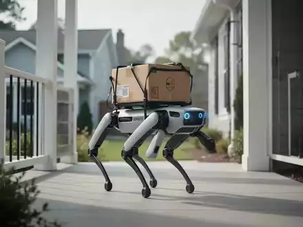 Ein vierbeiniger Spot-Roboter von Boston Dynamics trägt ein Paket auf einer Veranda als Teil eines Liefertests. - Foto: über boerse-global.de
