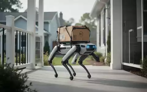 Ein vierbeiniger Spot-Roboter von Boston Dynamics trägt ein Paket auf einer Veranda als Teil eines Liefertests. - Foto: über boerse-global.de