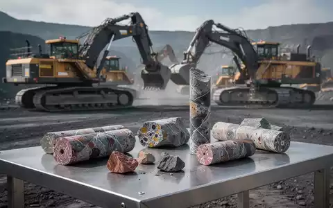 Moderne Bergbauanlage mit geologischen Gesteinsproben auf einem Metalltisch. - Foto: über boerse-global.de