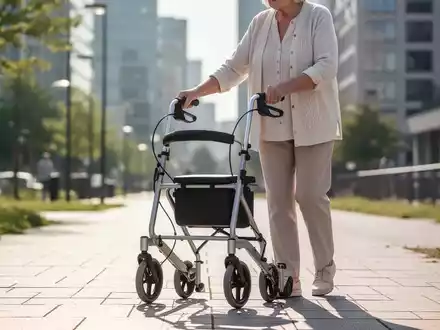 Eine ältere Person trainiert mit einem Rollator auf einem gepflasterten Gehweg zur Sturzprävention. - Foto: über boerse-global.de