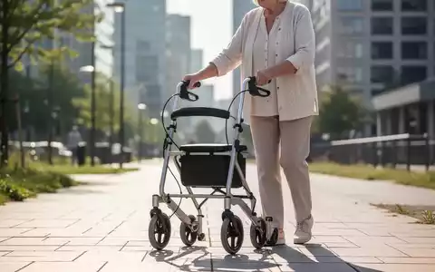 Eine ältere Person trainiert mit einem Rollator auf einem gepflasterten Gehweg zur Sturzprävention. - Foto: über boerse-global.de