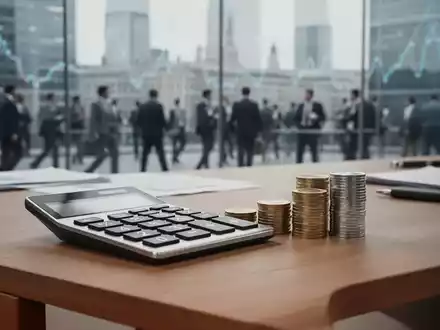 Ein Schreibtisch mit einem Taschenrechner und Euro-Münzen vor einem verschwommenen Hintergrund eines Finanzviertels. - Foto: über boerse-global.de