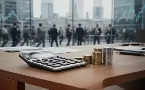 Ein Schreibtisch mit einem Taschenrechner und Euro-Münzen vor einem verschwommenen Hintergrund eines Finanzviertels. - Foto: über boerse-global.de