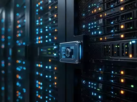 Gedimmter Serverrack mit leuchtenden digitalen Anzeigen für Cybersicherheits- und Kryptowährungsinfrastruktur. - Foto: über boerse-global.de