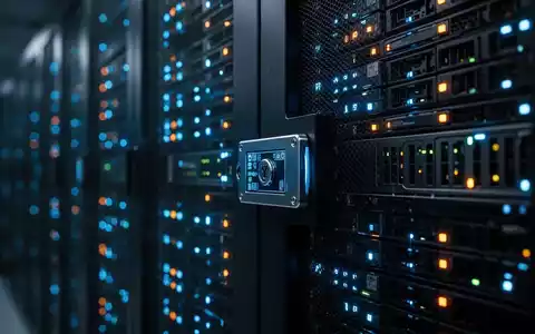 Gedimmter Serverrack mit leuchtenden digitalen Anzeigen für Cybersicherheits- und Kryptowährungsinfrastruktur. - Foto: über boerse-global.de