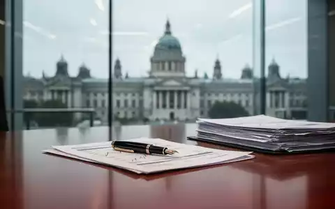 Ein moderner Schreibtisch mit Dokumenten vor dem unscharfen Hintergrund eines Parlamentsgebäudes. - Foto: über boerse-global.de