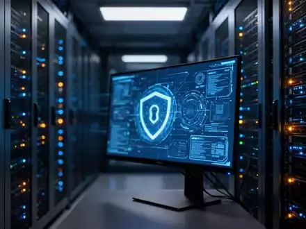 Ein beleuchteter Serverraum mit Fokus auf eine digitale Sicherheitsschnittstelle zur Darstellung von Cybersicherheit. - Foto: über boerse-global.de