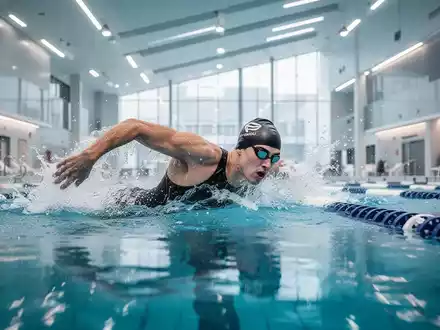 Eine Person schwimmt in einem modernen, hell beleuchteten Hallenbad, um die EffektivitĂ€t von Schwimmtraining zu verdeutlichen. - Foto: ĂŒber boerse-global.de