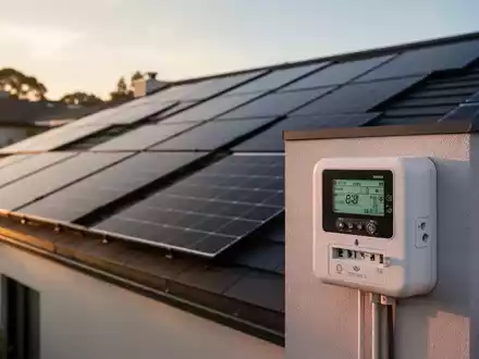 Moderne Photovoltaikanlage auf einem Hausdach mit einem Stromzähler im Vordergrund. - Foto: über boerse-global.de