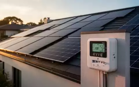 Moderne Photovoltaikanlage auf einem Hausdach mit einem Stromzähler im Vordergrund. - Foto: über boerse-global.de