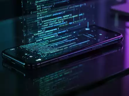 Ein Smartphone auf einem Schreibtisch mit abstrakten Codezeilen, die sich auf dem Bildschirm spiegeln, für Cybersicherheit und mobilen Zugriff. - Foto: über boerse-global.de