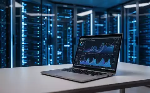 Modernes Rechenzentrum mit leuchtenden Server-Racks und einem Arbeitsplatz mit Datenvisualisierungen auf einem Laptop. - Foto: über boerse-global.de