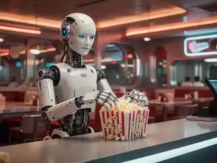Ein humanoider Optimus-Roboter steht an einer Servicetheke in einem modern gestalteten Diner und reicht Popcorn. - Foto: über boerse-global.de