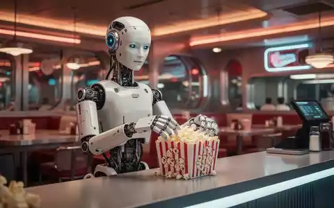 Ein humanoider Optimus-Roboter steht an einer Servicetheke in einem modern gestalteten Diner und reicht Popcorn. - Foto: über boerse-global.de