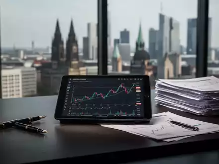 Ein moderner Schreibtisch mit Wirtschaftsdaten auf einem Tablet und Dokumenten vor einer verschwommenen Skyline. - Foto: über boerse-global.de