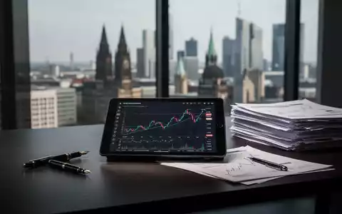 Ein moderner Schreibtisch mit Wirtschaftsdaten auf einem Tablet und Dokumenten vor einer verschwommenen Skyline. - Foto: über boerse-global.de