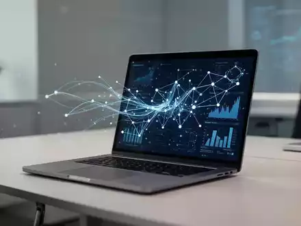 Ein moderner, minimalistischer Arbeitsplatz mit einem Laptop, das abstrakte Datenströme und vernetzte Knoten anzeigt. - Foto: über boerse-global.de