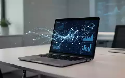 Ein moderner, minimalistischer Arbeitsplatz mit einem Laptop, das abstrakte Datenströme und vernetzte Knoten anzeigt. - Foto: über boerse-global.de