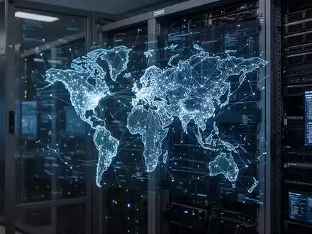Digitale Netzwerkkarte und Server-Infrastruktur in einem modernen Sicherheitskontrollzentrum. - Foto: über boerse-global.de