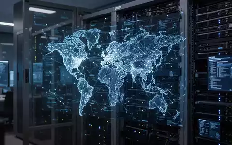 Digitale Netzwerkkarte und Server-Infrastruktur in einem modernen Sicherheitskontrollzentrum. - Foto: über boerse-global.de