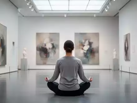 Eine Person meditiert entspannt in einem modernen Kunstmuseum vor abstrakten Gemälden. - Foto: über boerse-global.de