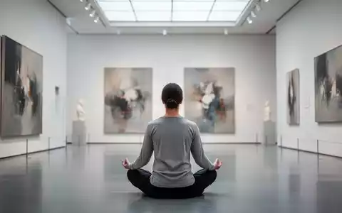 Eine Person meditiert entspannt in einem modernen Kunstmuseum vor abstrakten Gemälden. - Foto: über boerse-global.de