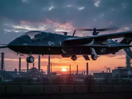 Silhouette einer hochmodernen Militärdrohne vor einem dramatischen Sonnenuntergang über einer Industrielandschaft. - Foto: über boerse-global.de