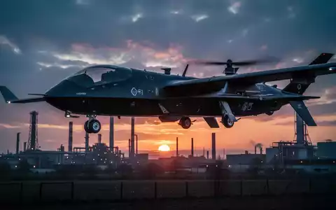 Silhouette einer hochmodernen Militärdrohne vor einem dramatischen Sonnenuntergang über einer Industrielandschaft. - Foto: über boerse-global.de
