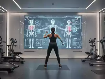 Eine Person trainiert in einem modernen Fitnessstudio vor einem Bildschirm mit KI-basierter Bewegungsanalyse. - Foto: über boerse-global.de
