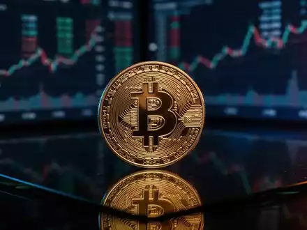 Eine goldene Bitcoin-Münze auf einer dunklen, reflektierenden Oberfläche vor einem verschwommenen Finanz-Chart. - Foto: über boerse-global.de