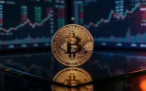 Eine goldene Bitcoin-Münze auf einer dunklen, reflektierenden Oberfläche vor einem verschwommenen Finanz-Chart. - Foto: über boerse-global.de