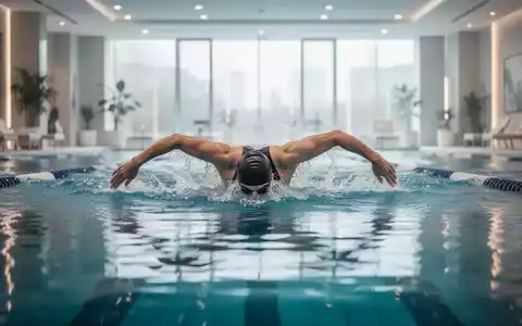 Eine Person schwimmt entspannt Bahnen in einem hellen Hallenbad als Teil einer gesundheitsfördernden Aktivität. - Foto: über boerse-global.de