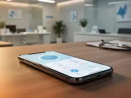 Ein Smartphone mit einer Gesundheits-App auf einem Schreibtisch in einer modernen Arztpraxis. - Foto: über boerse-global.de