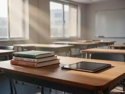 Ein leerer Schreibtisch in einem modernen Klassenzimmer mit Lehrbüchern und einem Tablet, symbolisch für die Schulsituation. - Foto: über boerse-global.de