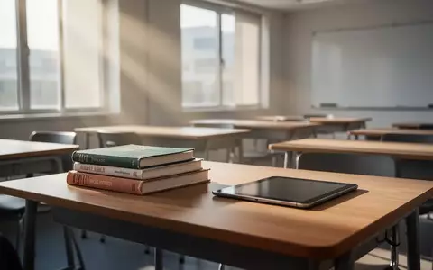 Ein leerer Schreibtisch in einem modernen Klassenzimmer mit Lehrbüchern und einem Tablet, symbolisch für die Schulsituation. - Foto: über boerse-global.de