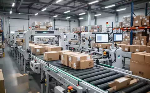 Moderne Verpackungsstraße in einem Logistikzentrum mit Fokus auf Kartonagen und industrielle Prozesse. - Foto: über boerse-global.de