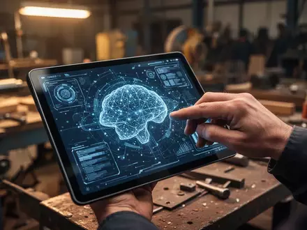 Handwerksmeister nutzt ein Tablet mit digitalen KI-Datenvisualisierungen in einer modernen Werkstatt. - Foto: über boerse-global.de