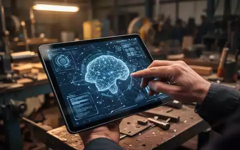 Handwerksmeister nutzt ein Tablet mit digitalen KI-Datenvisualisierungen in einer modernen Werkstatt. - Foto: über boerse-global.de