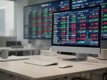 Ein moderner Finanzarbeitsplatz mit einem verschwommenen Aktienmarkt-Ticker auf einem Monitor im Hintergrund. - Foto: über boerse-global.de