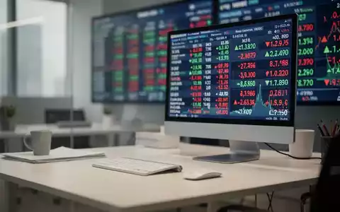Ein moderner Finanzarbeitsplatz mit einem verschwommenen Aktienmarkt-Ticker auf einem Monitor im Hintergrund. - Foto: über boerse-global.de