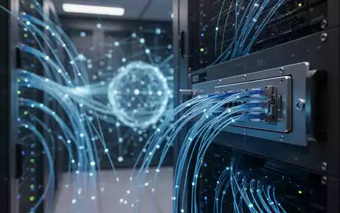 Abstraktes digitales Netzwerk in einem modernen Serverraum mit blauem Licht als Symbol für KI-Sicherheit und Überwachung. - Foto: über boerse-global.de