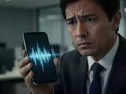 Eine Person hält besorgt ein Smartphone mit digitalen Schallwellen, während sie Opfer eines KI-Stimmbetrugs wird. - Foto: über boerse-global.de