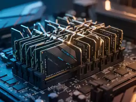 Nahaufnahme von Computer-RAM-Modulen auf einem Mainboard, die den globalen Halbleiter- und Speicherchipmarkt repräsentieren. - Foto: über boerse-global.de