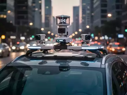 Autonomes Fahrzeug mit Lidar- und Kamerasensoren auf dem Dach fährt in der Dämmerung durch eine Stadtstraße. - Foto: über boerse-global.de