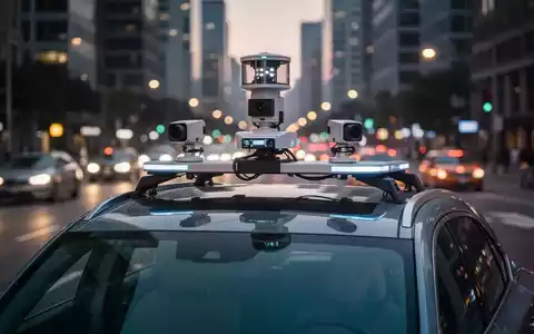 Autonomes Fahrzeug mit Lidar- und Kamerasensoren auf dem Dach fährt in der Dämmerung durch eine Stadtstraße. - Foto: über boerse-global.de