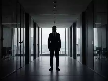 Eine Führungskraft steht nachdenklich in einem minimalistischen Büroflur, symbolisch für berufliche Instabilität. - Foto: über boerse-global.de