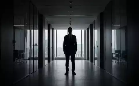 Eine Führungskraft steht nachdenklich in einem minimalistischen Büroflur, symbolisch für berufliche Instabilität. - Foto: über boerse-global.de